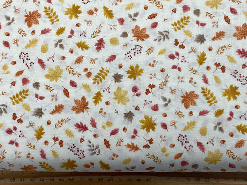 makower hello autumn leaves acorn trees toadstool mushroom cream cotton fabric shack malmesbury
