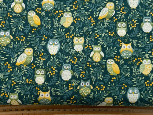 makower hello autumn owl green cotton fabric shack malmesbury