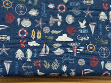 makower high tide seaside beach holiday blue shells beachcomber harbour maritime reef icons dark cotton fabric shack malmesbury