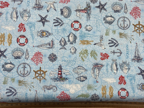 makower high tide seaside beach holiday blue shells beachcomber harbour maritime reef icons light cotton fabric shack malmesbury