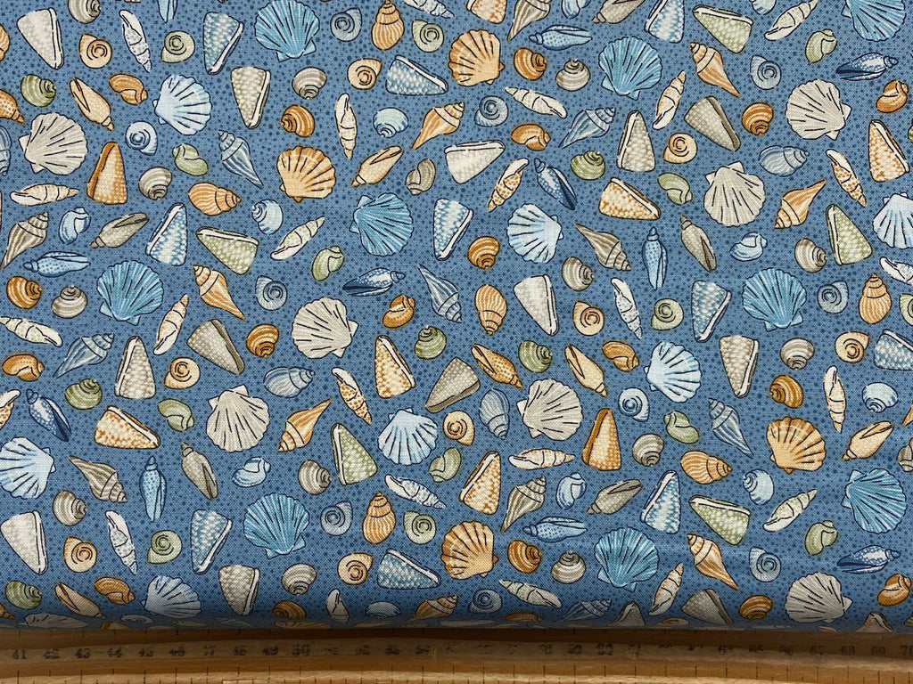Makower High Tide Beachcomber Shells Multi Mid Blue Cotton Fabric by 1 ...