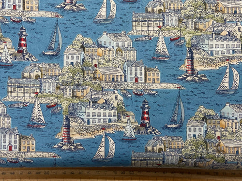 makower high tide seaside beach holiday blue shells beachcomber harbour view scenic maritime reef cotton fabric shack malmesbury