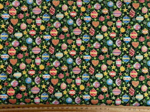 makower jolly st nick christmas metallic bauble green cotton fabric shack malmesbury