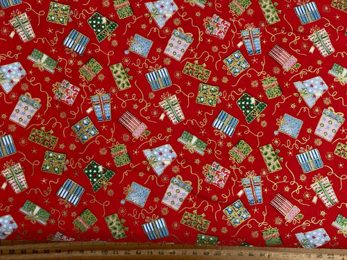 makower jolly st nick christmas metallic present gift red cotton fabric shack malmesbury
