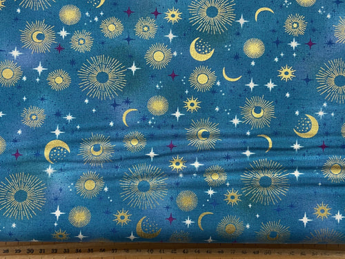 makower luna star moon constellation teal cotton fabric shack malmesbury