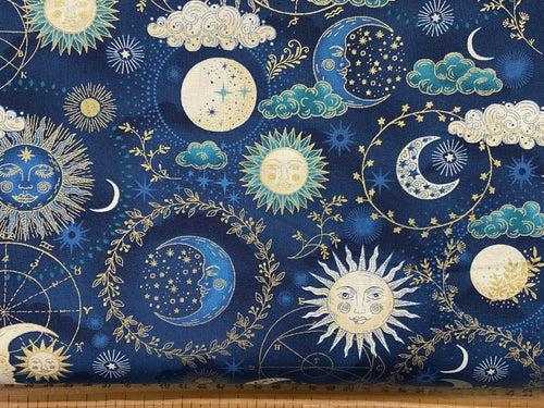 makower luna sun star celestial cosmos moon sun constellation metallic gold blue cotton fabric shack malmesbury