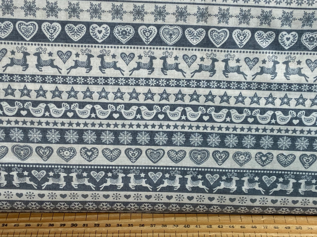 makower scandi 23 christmas cotton fabric shack malmesbury stag snowflake dove holly tree stripes grey