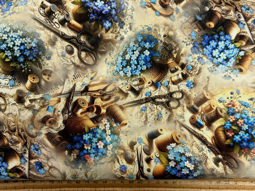 marilyn lee blank quilting forget me not sewing notions cotton reel blue tape measure lace doilies flowers floral cotton fabric shack malmesbury