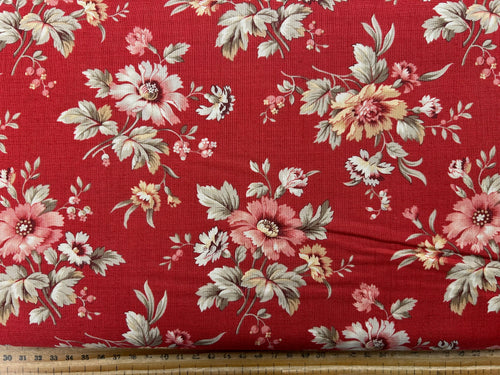 French General for Moda Joie De Vivre Flower Natural on Rouge Red 8113 Cotton Fabric by 1/4 Metre*