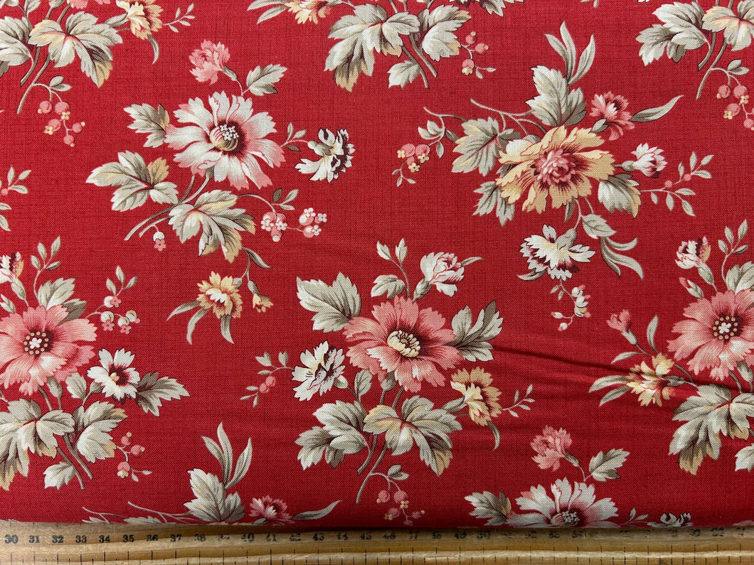 French General for Moda Joie De Vivre Flower Natural on Rouge Red 8113 Cotton Fabric by 1/4 Metre*