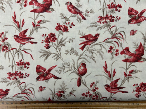 moda french general joie de vivre flowers floral natural red cream birds 8311 cotton fabric shack malmesbury