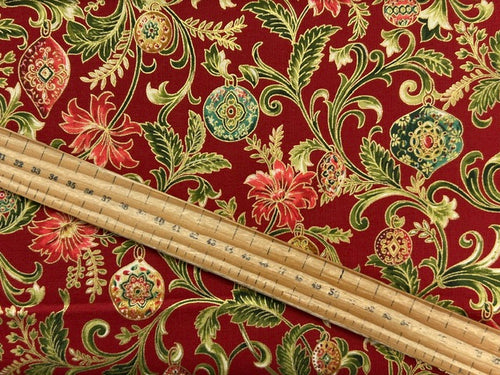 moda merry manor christmas metallic bauble floral red cotton fabric shack malmesbury