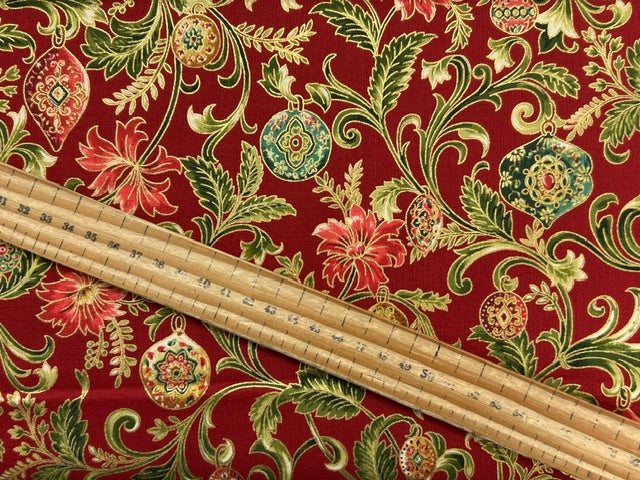 moda merry manor christmas metallic bauble floral red cotton fabric shack malmesbury