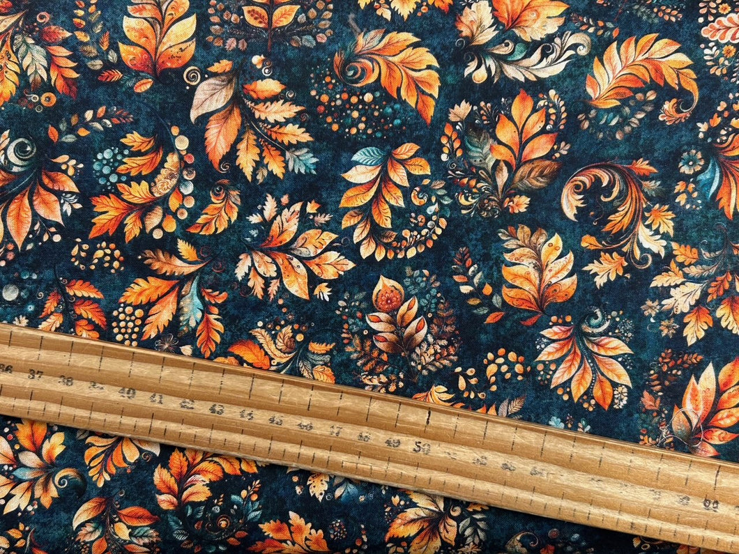 morris creative group qt fabrics harvest hollow fabric shack malmesbury autumn leaves teal  