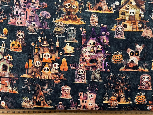 morris creative qt fabrics a haunting we will go quilt panel fabric shack malmesbury haunted house black 