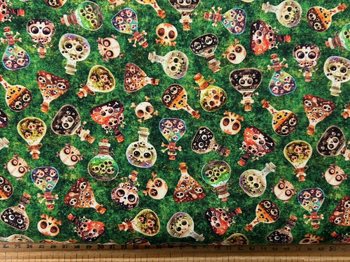 morris creative qt fabrics a haunting we will go quilt panel fabric shack malmesbury potions and skulls green 