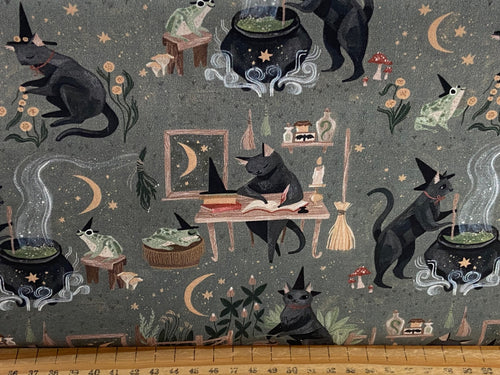 rae ritchie dear stella goblincore halloween gothic goth toadstool fowers snails frogs spells moth candle cat spells green cotton fabric shack malmesbury
