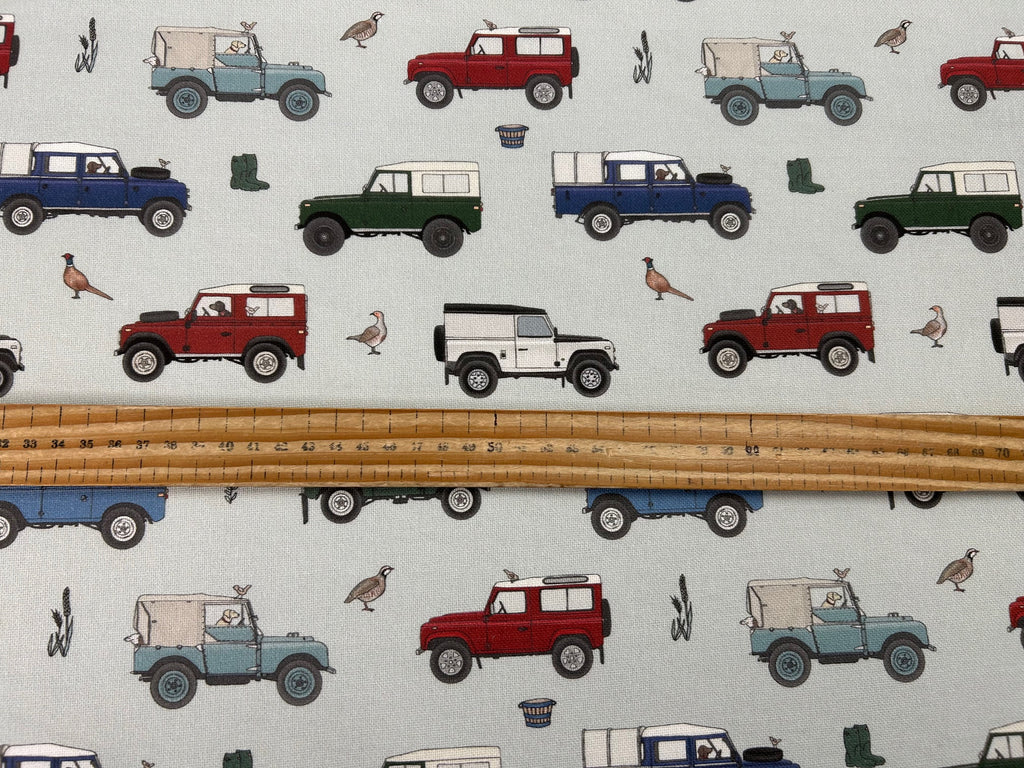Woodland Rovers Cars Eggshell Blue Linen Look Cotton Fabric by 1/2 Met ...
