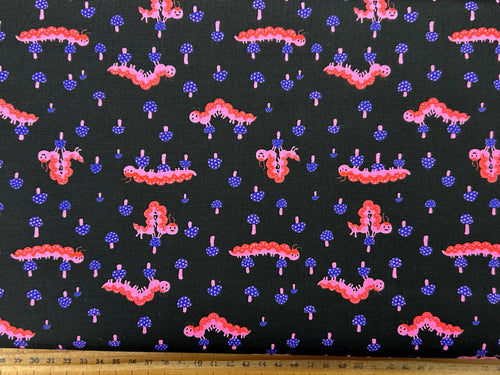 ruby star society hello alice sarah watts in wonderland caterpillar toadstool black cotton fabric shack malmesbury
