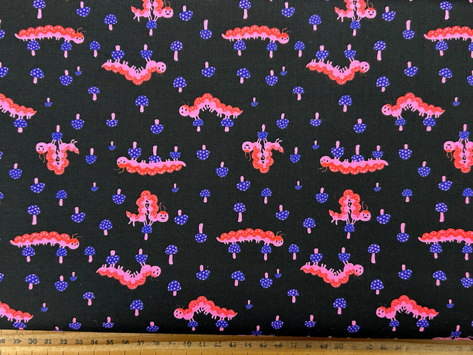 ruby star society hello alice sarah watts in wonderland caterpillar toadstool black cotton fabric shack malmesbury