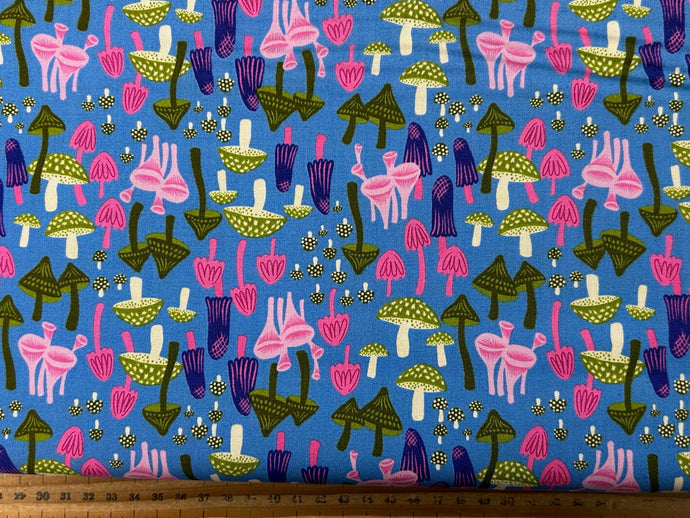 ruby star society hello alice sarah watts in wonderland toadstool blue cotton fabric shack malmesbury