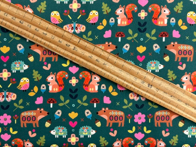 sally payne thread and ink amberwood forest animals cotton fabric shack malmesbury forest friends teal
