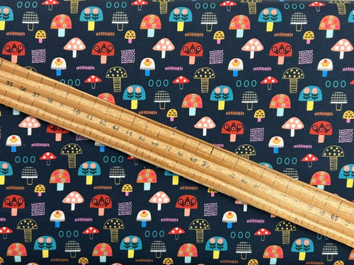 sally payne thread and ink amberwood forest animals cotton fabric shack malmesbury fox hedgehog toadstools dark blue