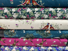 sarah payne woodland wanderers wander organic owl pheasant floral cotton fabric shack malmesbury