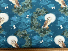 sarah payne woodland wanderers wander organic night barn owl teal cotton fabric shack malmesbury