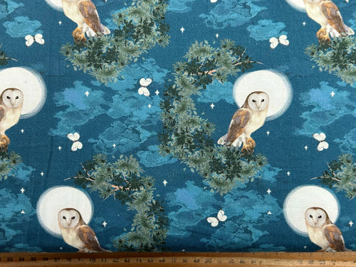 sarah payne woodland wanderers wander organic night barn owl teal cotton fabric shack malmesbury