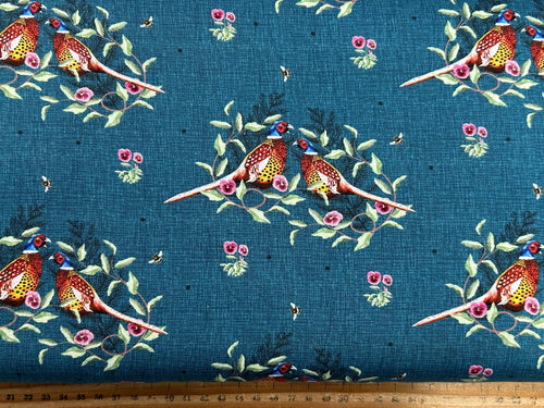 sarah payne woodland wanderers wander organic pheasants resting teal cotton fabric shack malmesbury