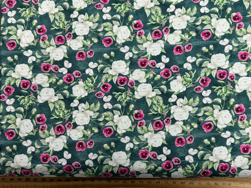 sarah payne woodland wanderers wander organic rose pansy green cotton fabric shack malmesbury