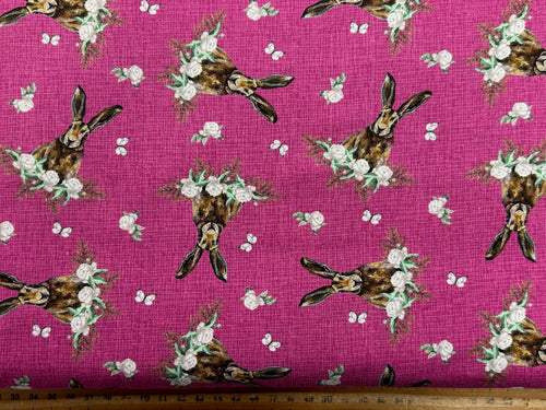 sarah payne woodland wanderers wander organic rosy hare rabbie pink roses cotton fabric shack malmesbury