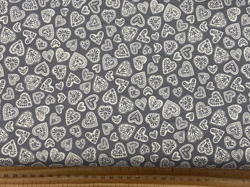 Makower Scandi 25 Christmas Hearts Grey Cotton Fabric by 1/4 Metre*