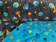 space rocket moon planet stars reversible double sided supersoft fleece navy turquoise blue fabric shack malmesbury