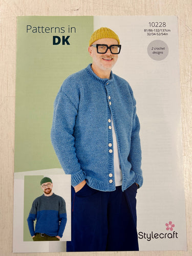 stylecraft mens jumper sweater cardigan crochet pattern dk double knit bambino fabric shack malmesbury 10228