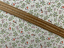 susan wheeler design yuletide burrow robin twig cream cotton fabric shack malmesbury