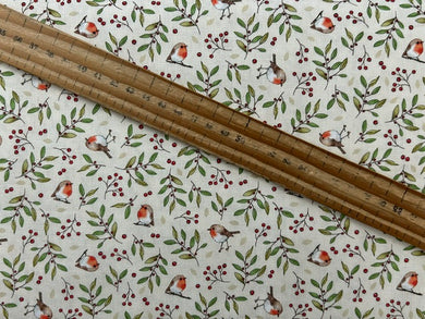susan wheeler design yuletide burrow robin twig cream cotton fabric shack malmesbury