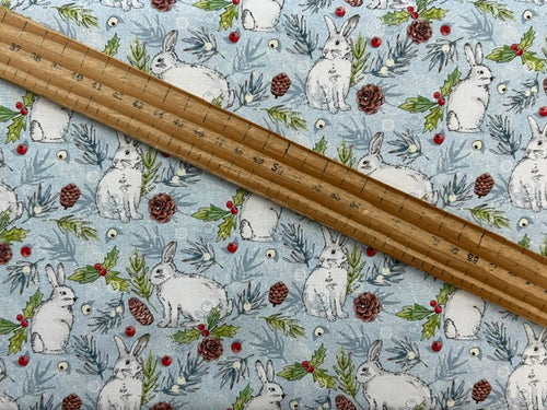 susan wheeler design yuletide holly burrow hare ice blue cotton fabric shack malmesbury
