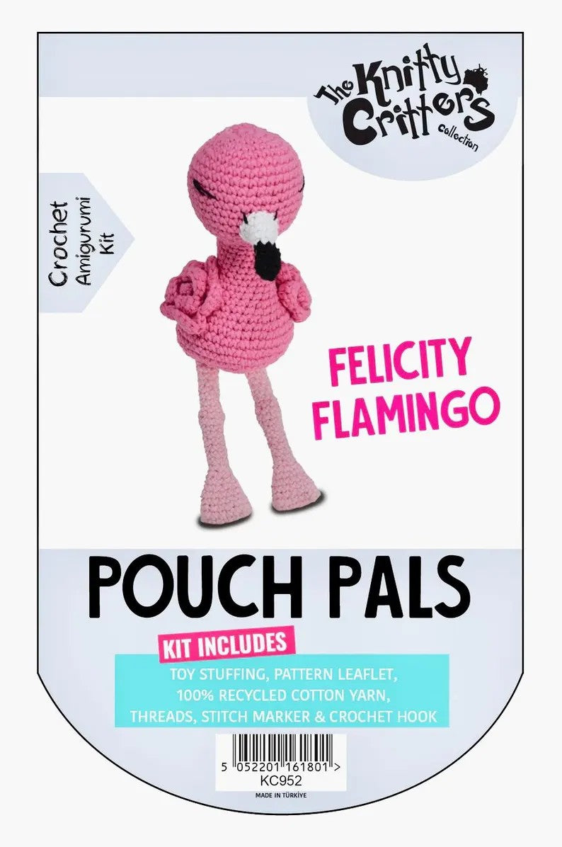 the knitty critters crochet kit pouch pals felicity flamingo amigurumi fabric shack malmesbury