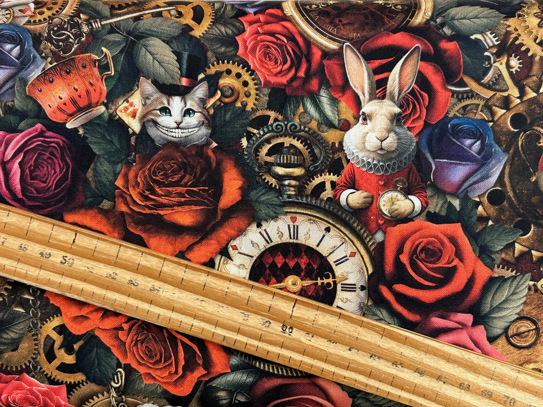 timeless treasures alice in wonderland down the rabbit hole cheshire cat white rabbit cotton fabric shack malmesbury 2