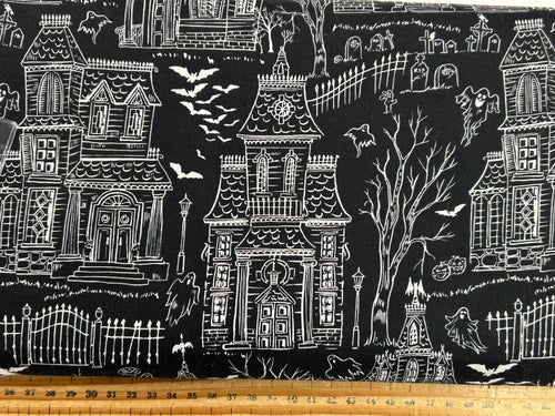 timeless treasures boo haunted house halloween black gothic cotton fabric shack malmesbury