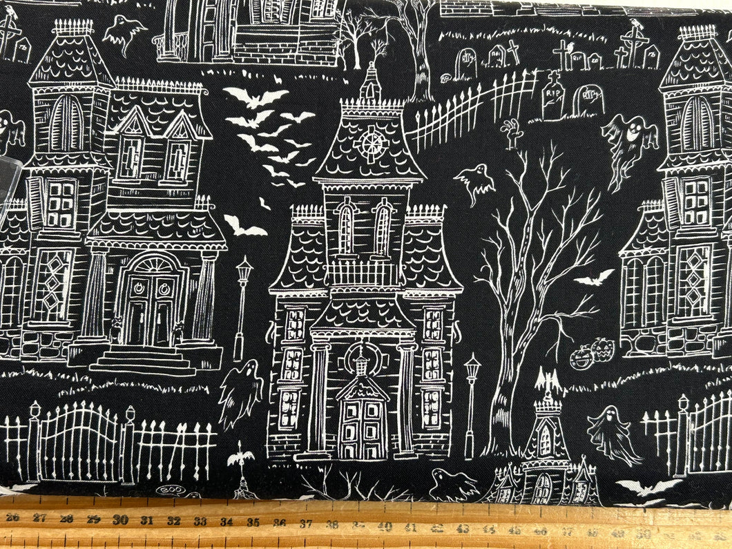 timeless treasures boo haunted house halloween black gothic cotton fabric shack malmesbury