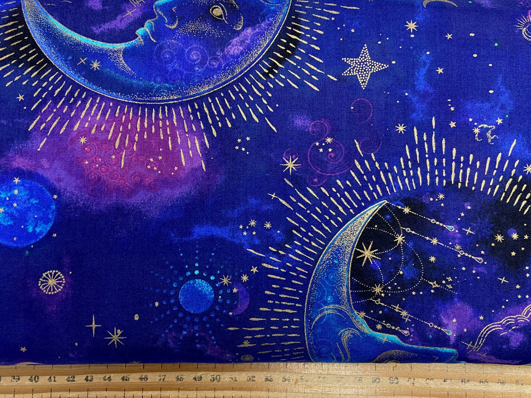 timeless treasures cosmos chong-a hwang metallic purple blue star moon man in the half stars planets swirl sky clouds cotton fabric shack malmesbury man in the moon