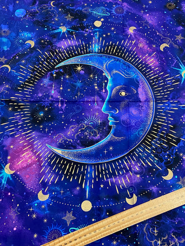 timeless treasures cosmos chong-a hwang metallic purple blue star moon man in the half stars planets swirl sky clouds cotton fabric shack malmesbury panel