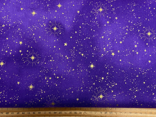 timeless treasures cosmos chong-a hwang metallic purple blue star moon man in the half stars planets swirl sky clouds cotton fabric shack malmesbury stars purple