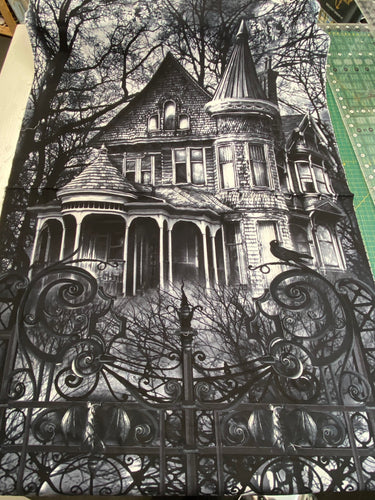 timeless treasures wicked goth gothic cat kitty kitten crow raven bat haunted house halloween quilt panel black cotton fabric shack malmesbury 2