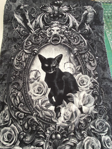 timeless treasures wicked goth gothic cat kitty kitten crow raven bat roses door knocker halloween quilt panel black cotton fabric shack malmesbury 2