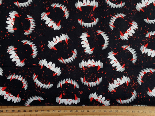 Timeless Treasures Wicked Dracula Fangs Blood (CD1832) Black Cotton Fabric by 1/4 Metre*