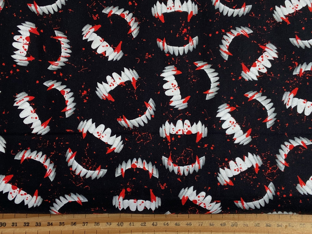Timeless Treasures Wicked Dracula Fangs Blood (CD1832) Black Cotton Fabric by 1/4 Metre*